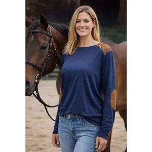 Lauren Ralph Lauren Midnight Blue Tee Faux Suede Elbow Patch Equestrian Size M